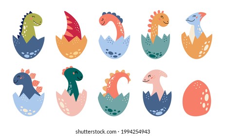 Cartoon cute dinosaurs set. Baby Dino, tail in eggs. Jurassic colorful animals. Prehistoric kids collection for party and baby shower. Dragons in nordic style. Isolated on white background. 