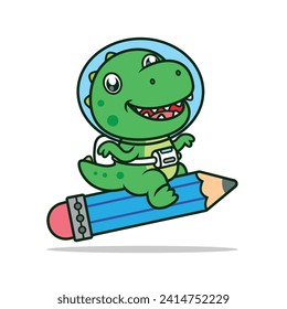 CARTOON OF CUTE DINOSAURS RIDING PENCILS IN SPACE