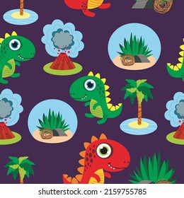 Cartoon cute dinosaurs Seamless pattern, tropical plants and volcano, jurassic period. Colourful animals and palmas on blue background. Hand drawn vector illustration in modern flat style.