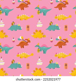 Cartoon cute dinosaurs seamless pattern for birthday party. Baby Dino with balloons and cake. Jurassic colorful animals. Prehistoric kids collection. Dragons in nordic style.