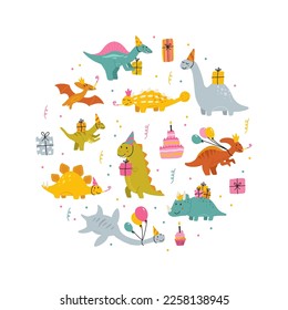 Cartoon cute dinosaurs set for a birthday party. Baby Dino with balloons and cake. Jurassic colorful animals for baby shower and invitation. Prehistoric kids collection. Dragons in nordic style.