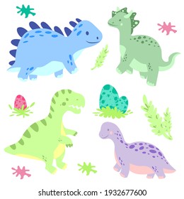 Cartoon cute dinosaurs set in vector . Colorful baby illustration with funny dino character