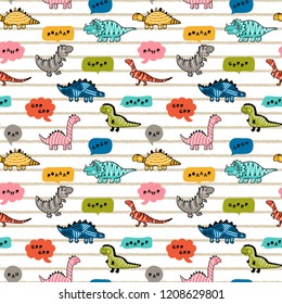 Cartoon Cute Dinosaurs with Speech Bubbles Vector Seamless pattern for Children. Childish Background with Doodle Striped Dinosaur and thought bubble. Animal vector illustration. Design for kids