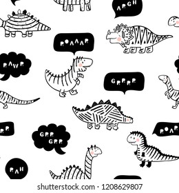 Cartoon Cute Dinosaurs with Speech Bubbles Vector Seamless pattern for Children. Childish Background with Doodle Striped Dinosaur and thought bubble. Animal vector illustration. Design for kids