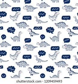 Cartoon Cute Dinosaurs with Speech Bubbles Vector Seamless pattern for Children. Childish Background with Doodle Striped Dinosaur and thought bubble. Animal vector illustration. Design for kids