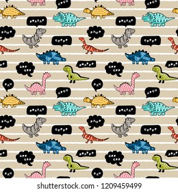 Cartoon Cute Dinosaurs with Speech Bubbles Vector Seamless pattern for Children. Childish Background with Doodle Striped Dinosaur and thought bubble. Animal vector illustration. Design for kids