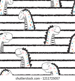 Cartoon Cute Dinosaurs Vector Seamless pattern for Children. Childish Striped Background with Doodle Dinosaur. Animal vector illustration. Design for kids