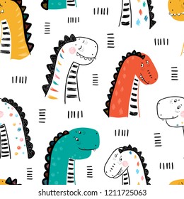 Cartoon Cute Dinosaurs Vector Seamless pattern for Children. Childish Background with Doodle Striped Dinosaur. Animal vector illustration. Design for kids
