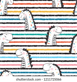 Cartoon Cute Dinosaurs Vector Seamless pattern for Children. Childish Striped Background with Doodle Dinosaur. Animal vector illustration. Design for kids