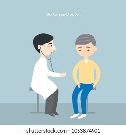 Cartoon cute doctor is injecting older men in hospital vector.