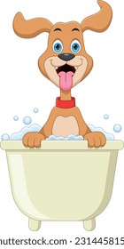 cartoon cute dog bathing in the bathtub