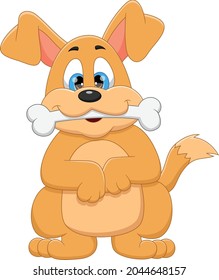 cartoon cute dog biting bone on white background