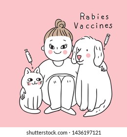 Cartoon cute dog and cat take vaccinated rabies vector.