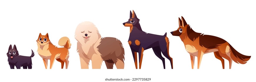 Cartoon cute dog character icon vector illustration set. Isolated pet breed collection on white background. Purebred german shepherd, doberman and komondor adorable domestic standing animal group