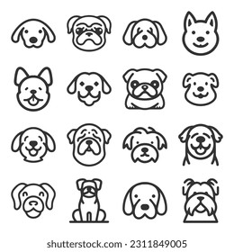 Cartoon cute Dog face vector line icon set	