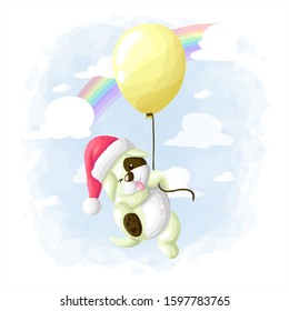 Cartoon Cute Dog Flying with Balloon Illustration Vector