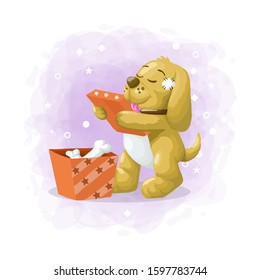 Cartoon Cute Dog get Gift Box Illustration Vector
