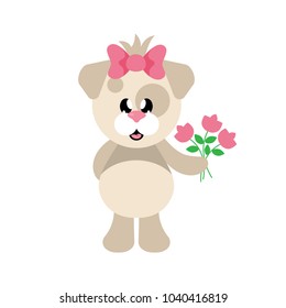 cartoon cute dog girl with bow and flowers
