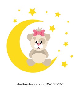 cartoon cute dog girl with bow sitiing and moon