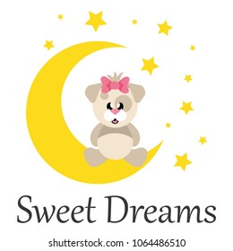 cartoon cute dog girl with bow sitiing and moon with text