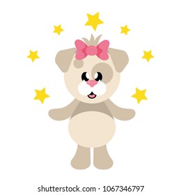 cartoon cute dog girl with bow and stars