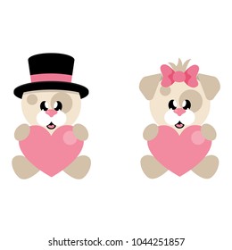 cartoon cute dog with hat and heart and dog girl set