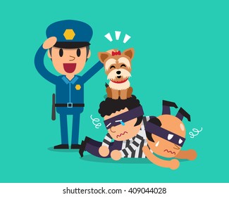 Cartoon a cute dog helping policeman to catch thieves