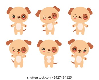 Cartoon cute dog kawaii style emoji icon set. Fun puppy character for kids. Adorable little dog children vector chibi animal. Fun facial expressions - calm, happy, laughing, smiling, waving, winking.