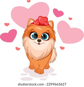 Cartoon cute dog, pomeranian spitz with hearts, love card