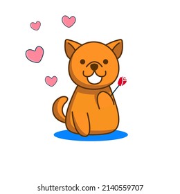Cartoon cute dog with rose and red heart isolated on a white background. Happy Valentine's Day. Romantic creative composition.  Love time. vector illustration