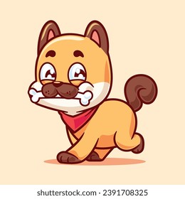 Cartoon cute dog running eating bone