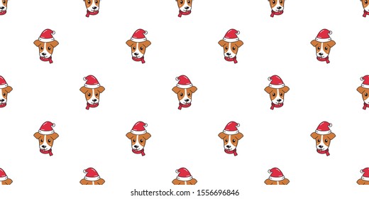 Cartoon cute dog with santa claus christmas hat seamless pattern background for design.