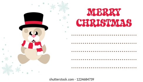 cartoon cute dog with scarf in hat sitting on the christmas card