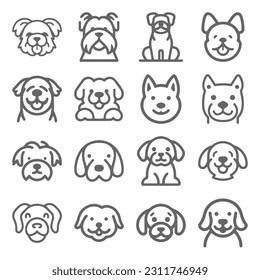 Cartoon cute Dog silhouette vector line icon set	