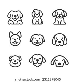 Cartoon cute Dog silhouette vector line icon set	