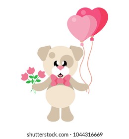 cartoon cute dog with tie and flowers and lovely balloons