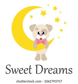 cartoon cute dog with tie and moon with text