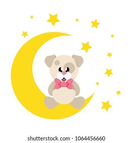 cartoon cute dog with tie sitiing and moon