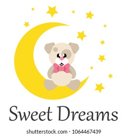 cartoon cute dog with tie sitiing and moon with text