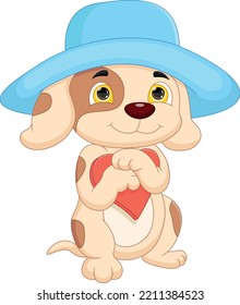 cartoon cute dog wearing a hat and holding a love heart sign