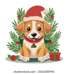 Cartoon cute dog wearing santa cap with gift box on nature setting background illustration.