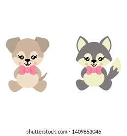 cartoon cute dog and wolf with bow sits vector