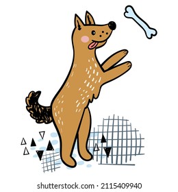 Cartoon cute doggy with bone in doodle style is jumping. Happy puppy. Funny favorite pet. Sketch of a cheerful dog for prints, children's clothing, cards, t-shirts. Vector illustration.