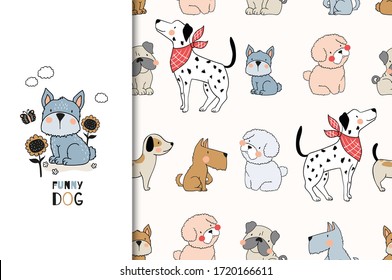 Cartoon cute dogs characters. Animal card and seamless pattern set. Tee print hand drawn illustration. Surface design