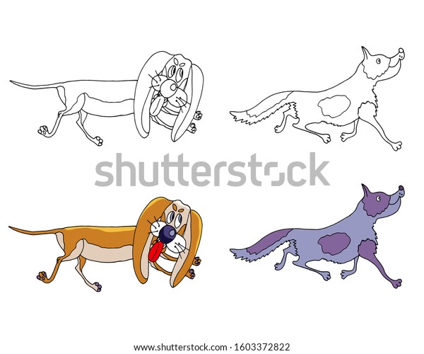 cartoon cute dogs collection coloring pages stock vector