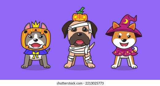 Cartoon cute dogs with halloween costumes for design.