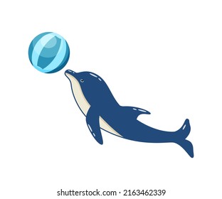 Cartoon cute dolphin with a ball in the dolphinarium. Vector illustration of a trained sea animal in a zoo,