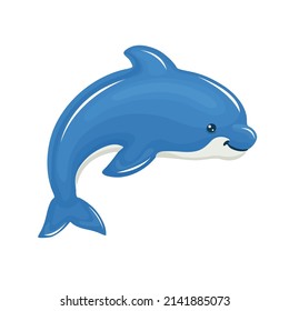 Cartoon Cute Dolphin Isolated On White Background. Vector Illustration Funny Underwater World Character. Drawing Animal Printable Clipart.