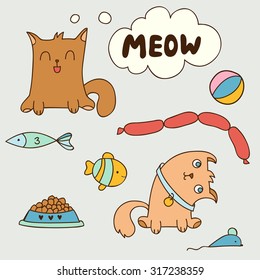 Cartoon cute domestic kittens set, vector illustration