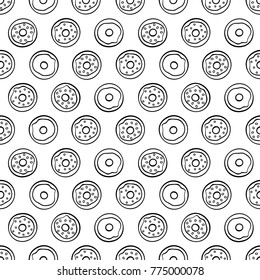 Cartoon cute donuts on white background. Simple seamless pattern. Linear coloring book.